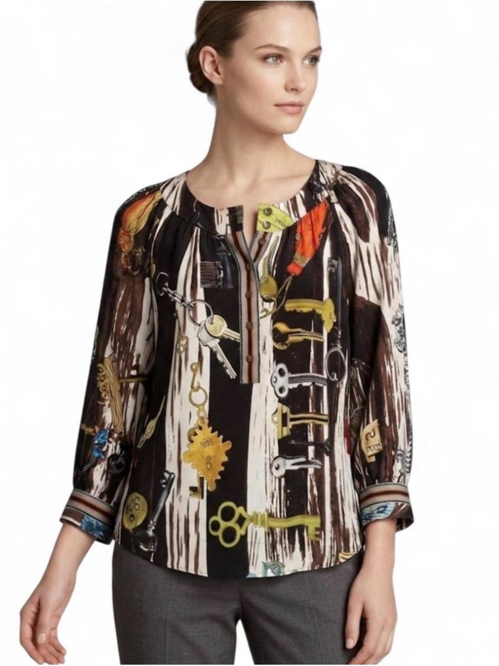 Diane Von Furstenberg Black Key-Print Split-Neck Blouse